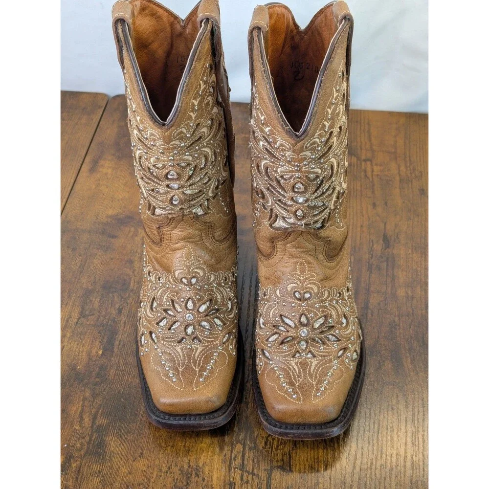 Wildflowers Bluebonnet Girls Cowboy Boots Size 11 Brown Glitter Inlay Leather